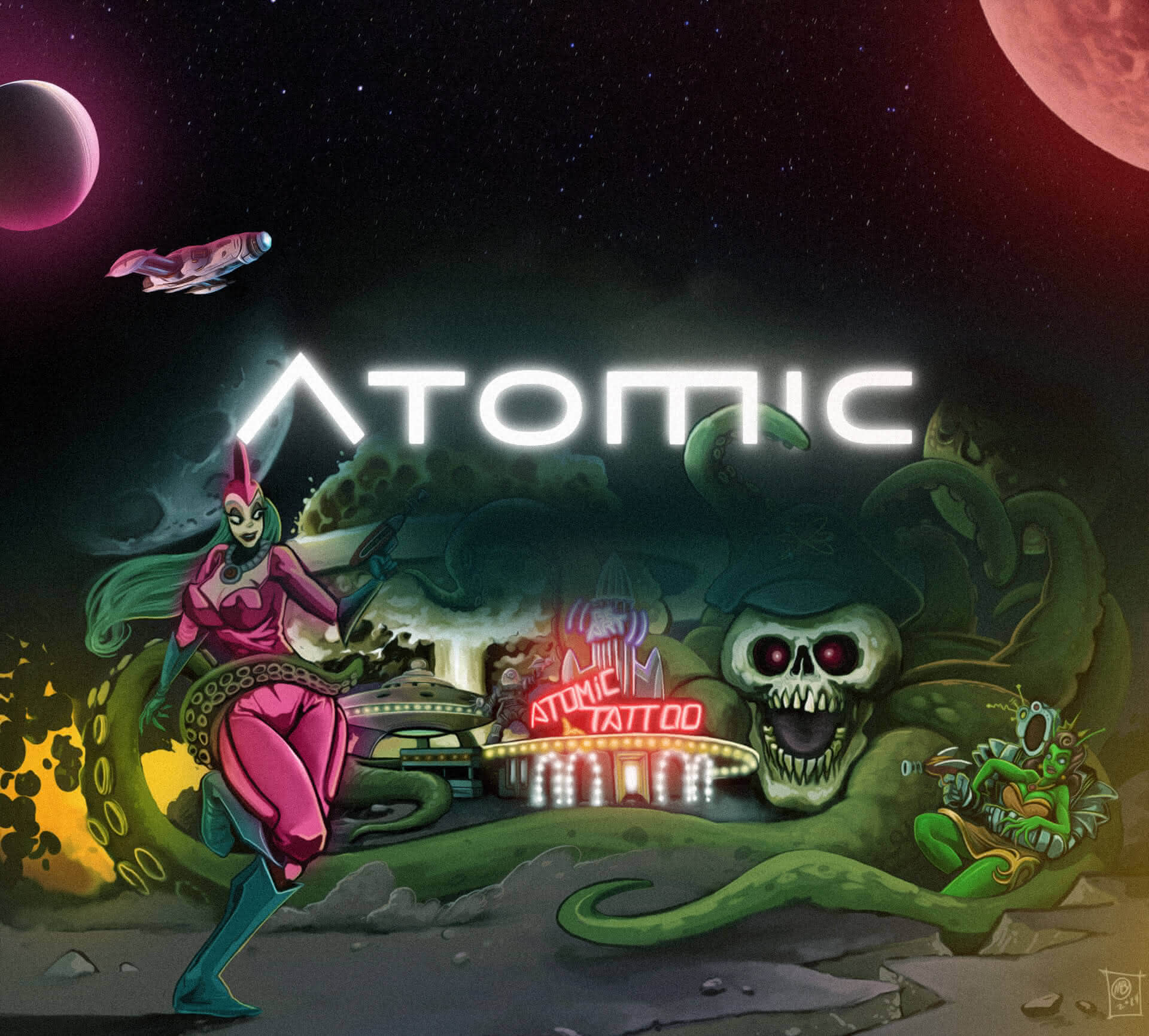 Atomic Tattoo retro-futuristic mural
