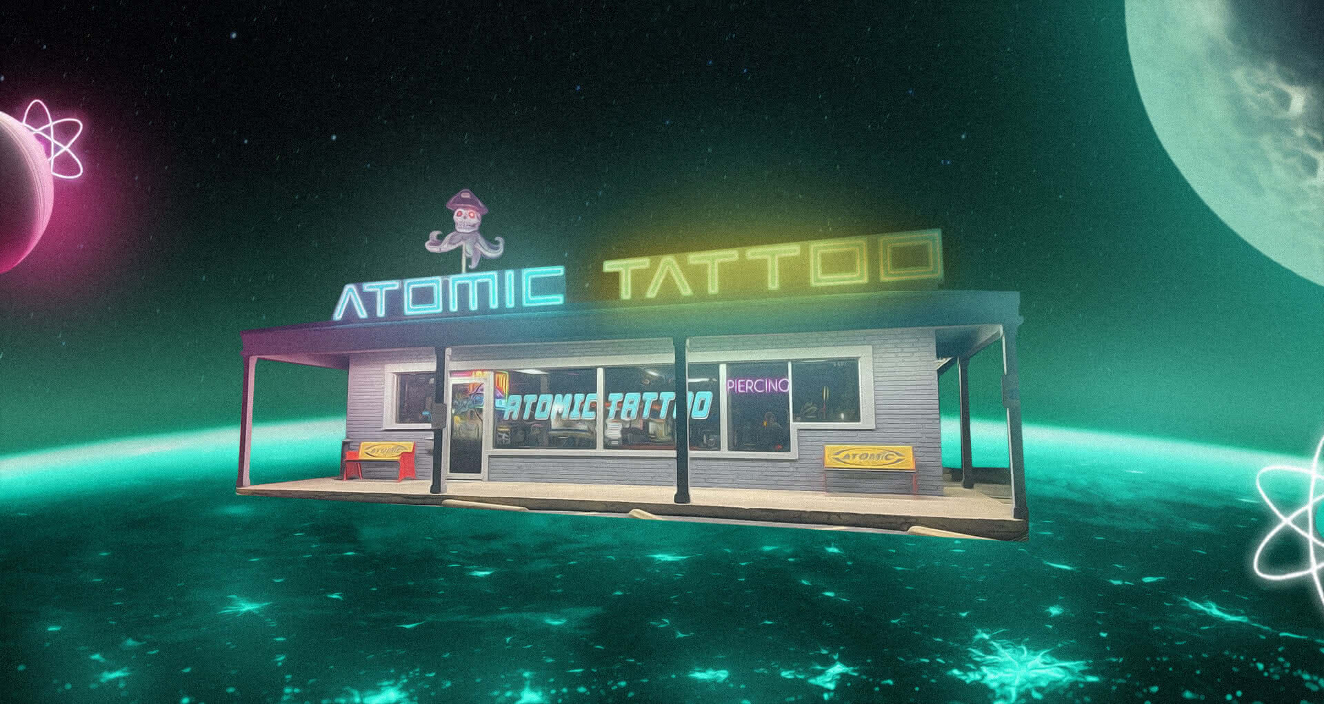Atomic Tattoo shop floating in space